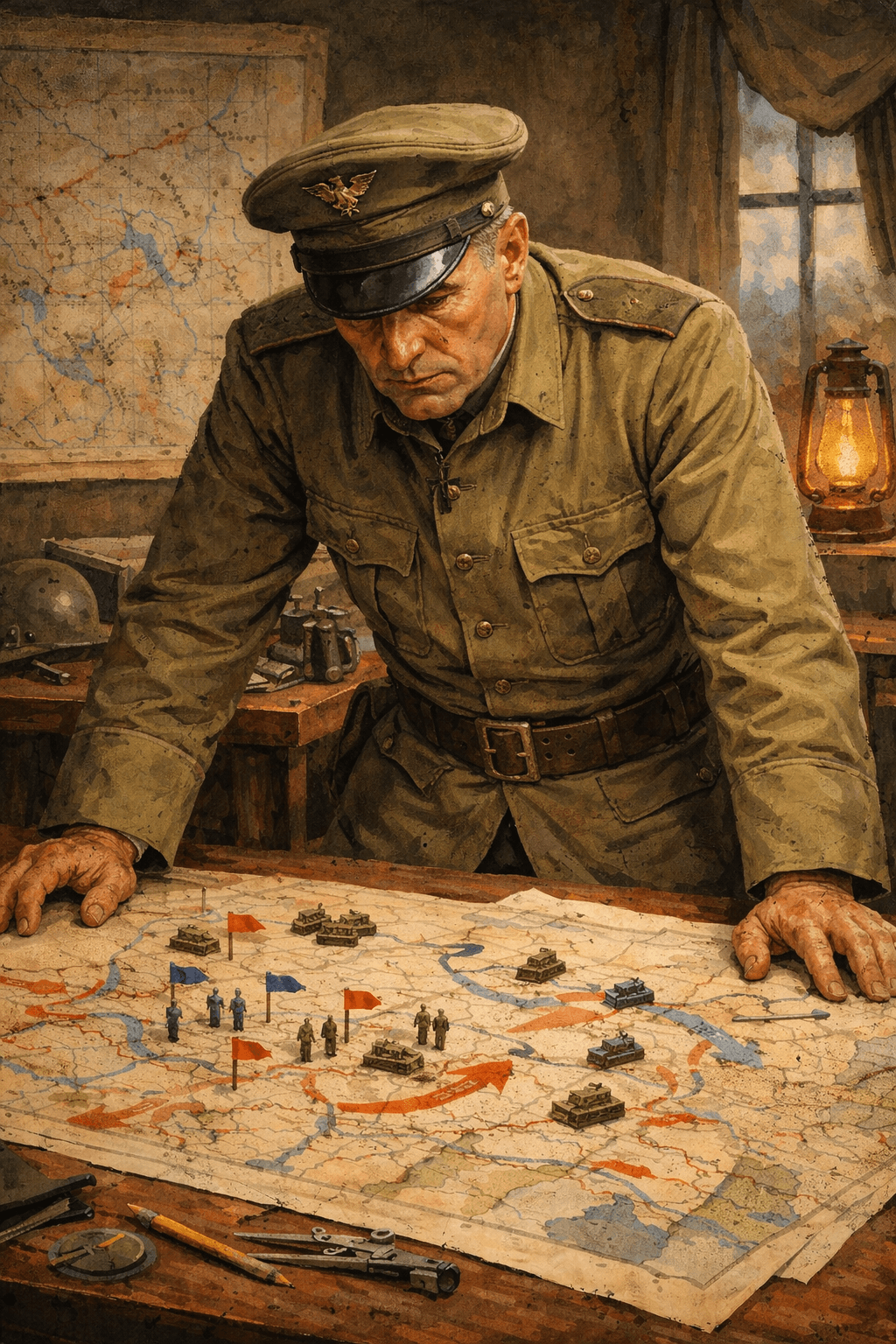 Military general planning strategy on tactical map